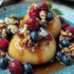 Baked Pears with Berries, Honey, Walnuts & Blue Cheese